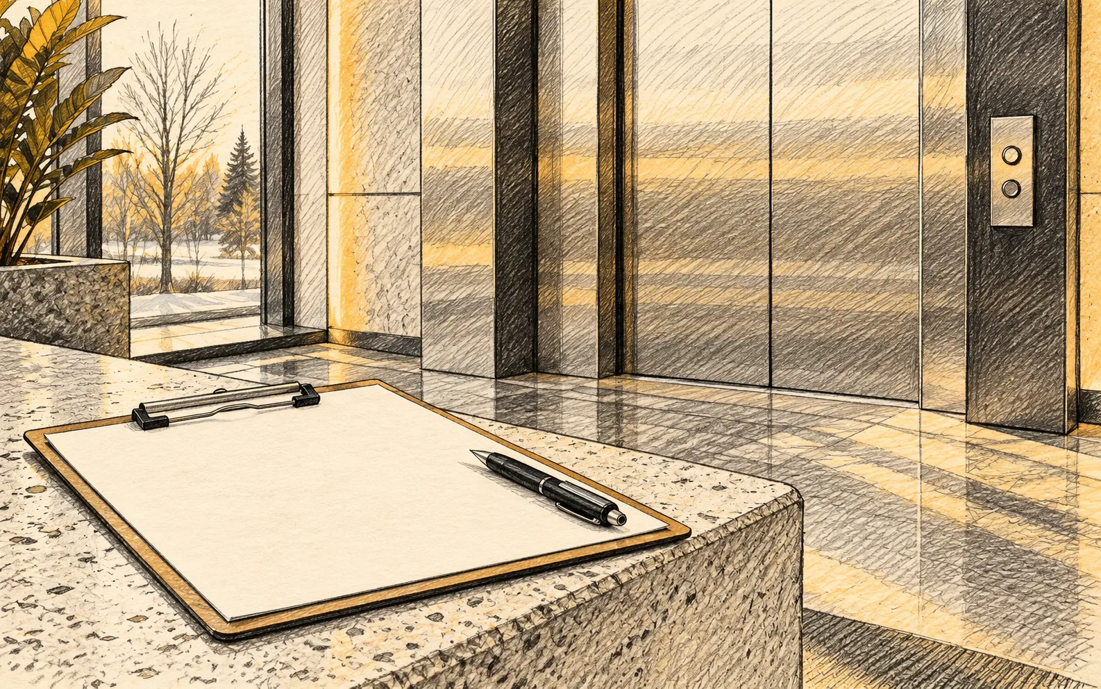 Sketch of a clipboard by an elevator