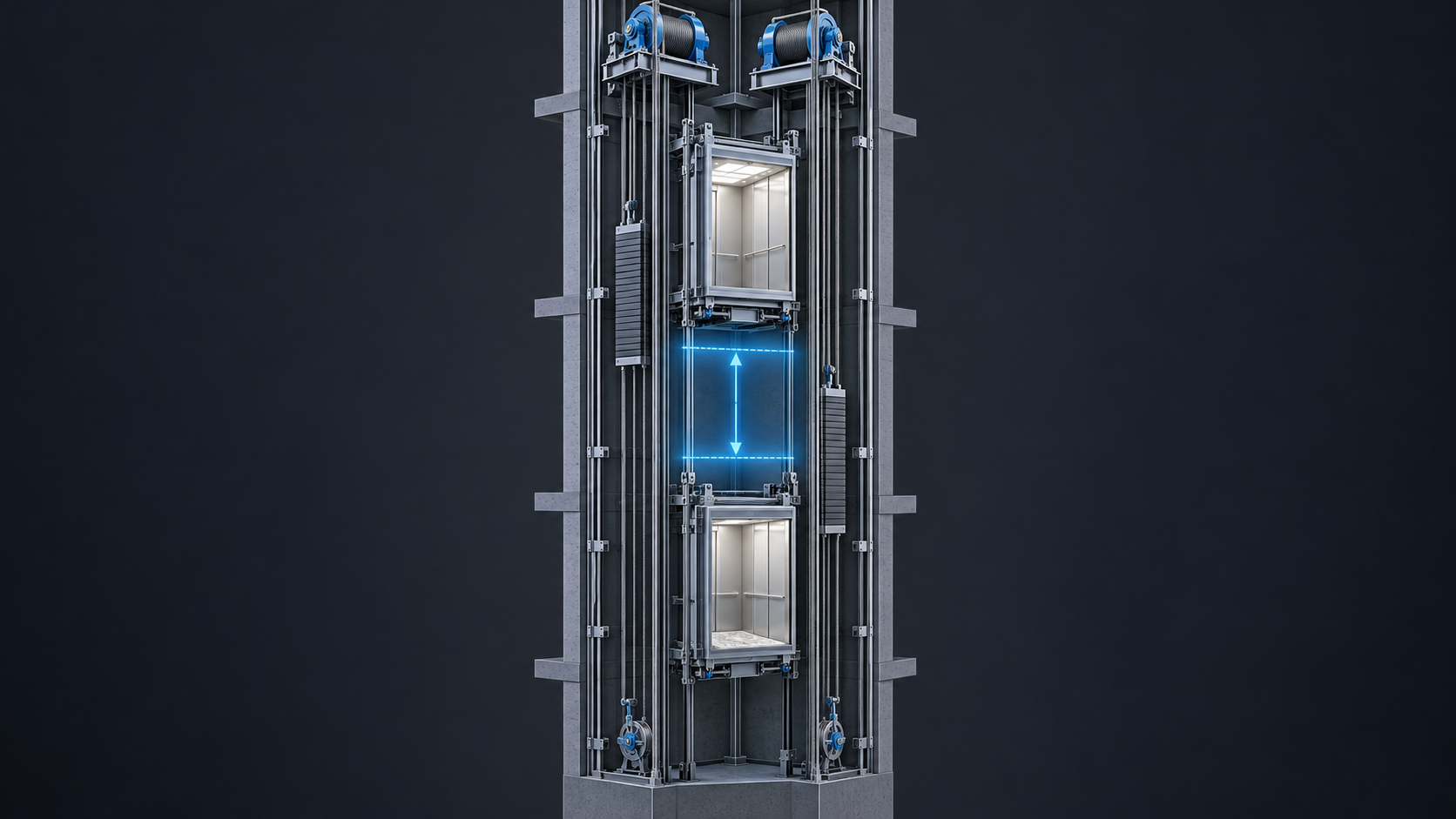 Technical cutaway illustration of two independent elevator cars sharing one hoistway