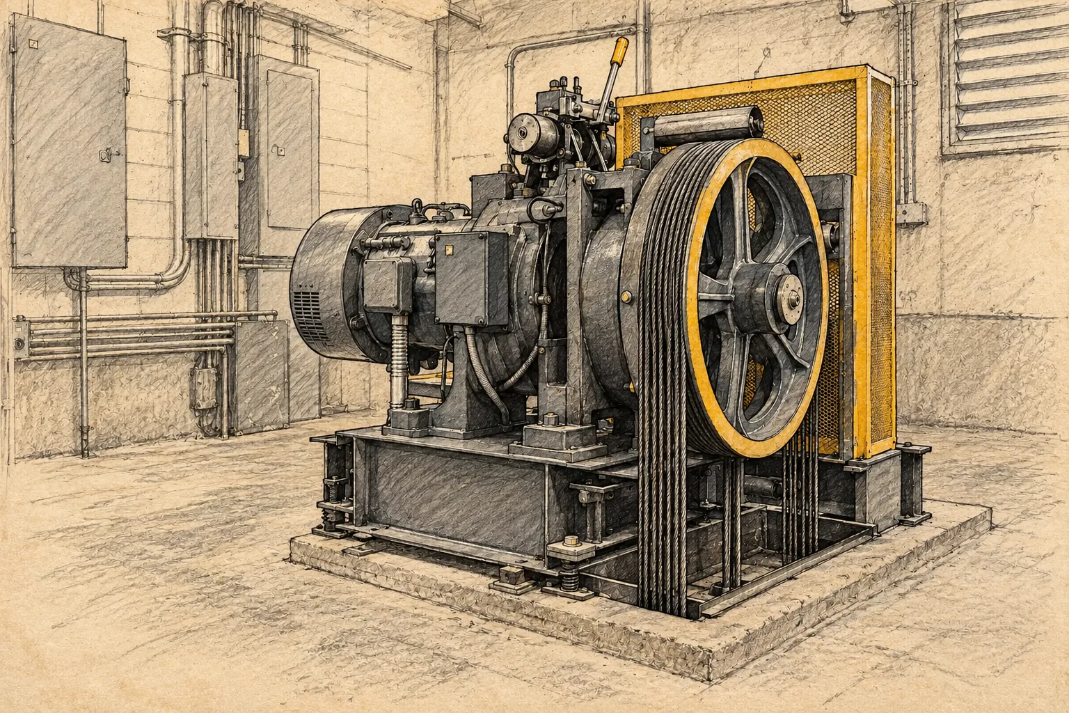 Sketch of elevator machinery